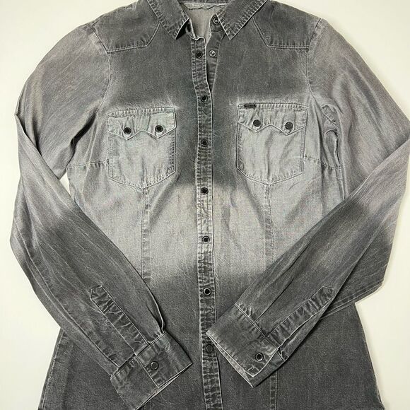 SALSA NWOT Thin Denim Shirt Black Gray Button Down Size XS Long Sleeve - Picture 6 of 16